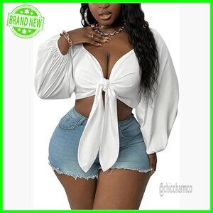 Plus Size Long Sleeve Crop Top with Tie Front and V Neck